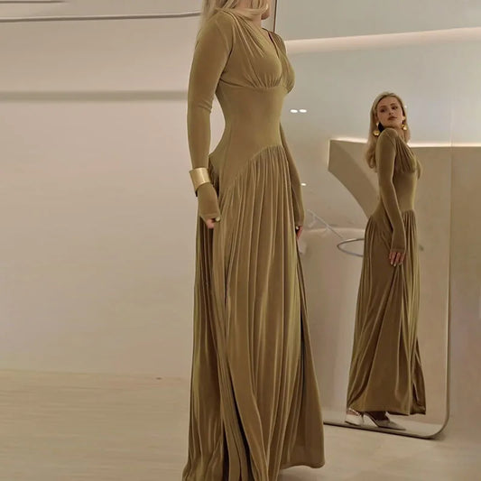 Luxurious Velvet Hight Waist Slim Fit A-Line Dress/Fashion Draped Solid Long Party Dress Sexy Deep V-neck Long Sleeve Maxi Dress/Synthetic Fiber.
