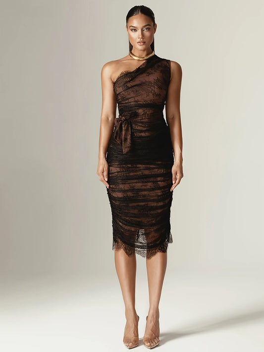 Modern One Shoulder Midi Lace Dress/Bodycon Dress/Party Cocktail Evening Ankle Length Dress/Asymmetrical Neckline.