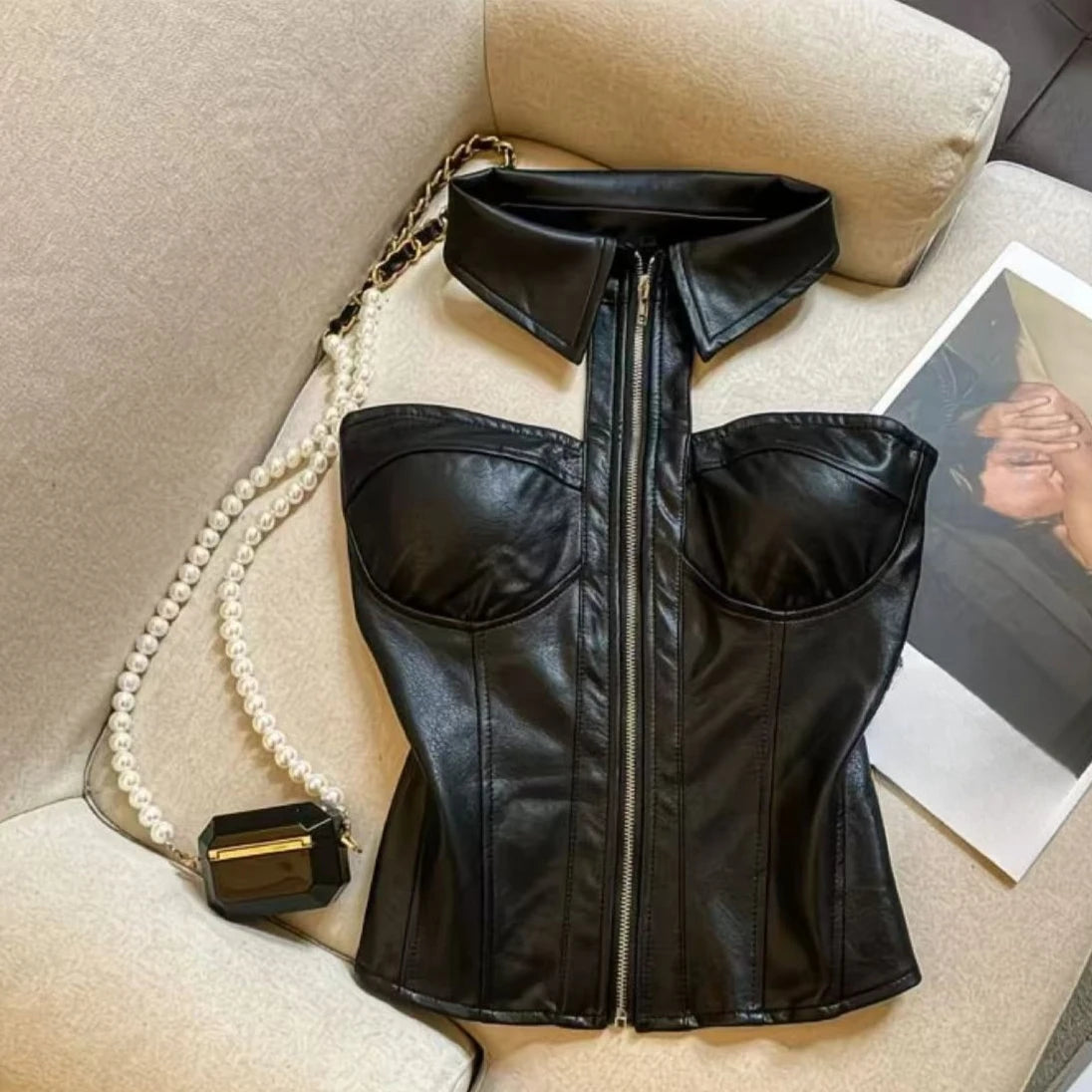 Luxury Halter Neck Corset Bustier Top with Collar & Front Zipper – Champagne Beige & Chocolate Brown Faux Leather Sculpted Top