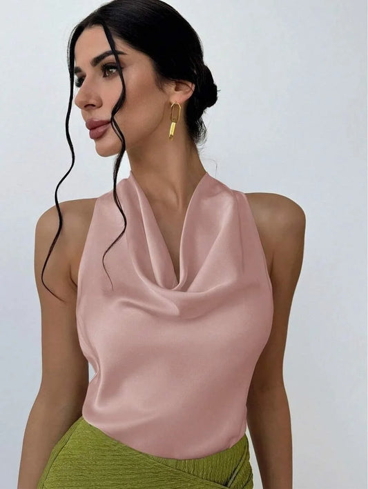 Elegant Satin Halter Blouse for Women – Sleeveless Bow Neck Office Lady Top