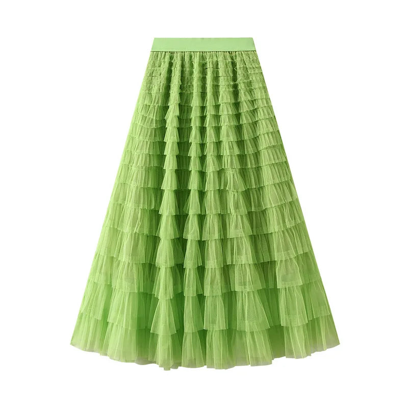Elegant Layered Mesh Skirt For Women/High-Waisted Puff Skirt/Dropped A~Line/Appliqués Decorative Loose Fitted Skirt.