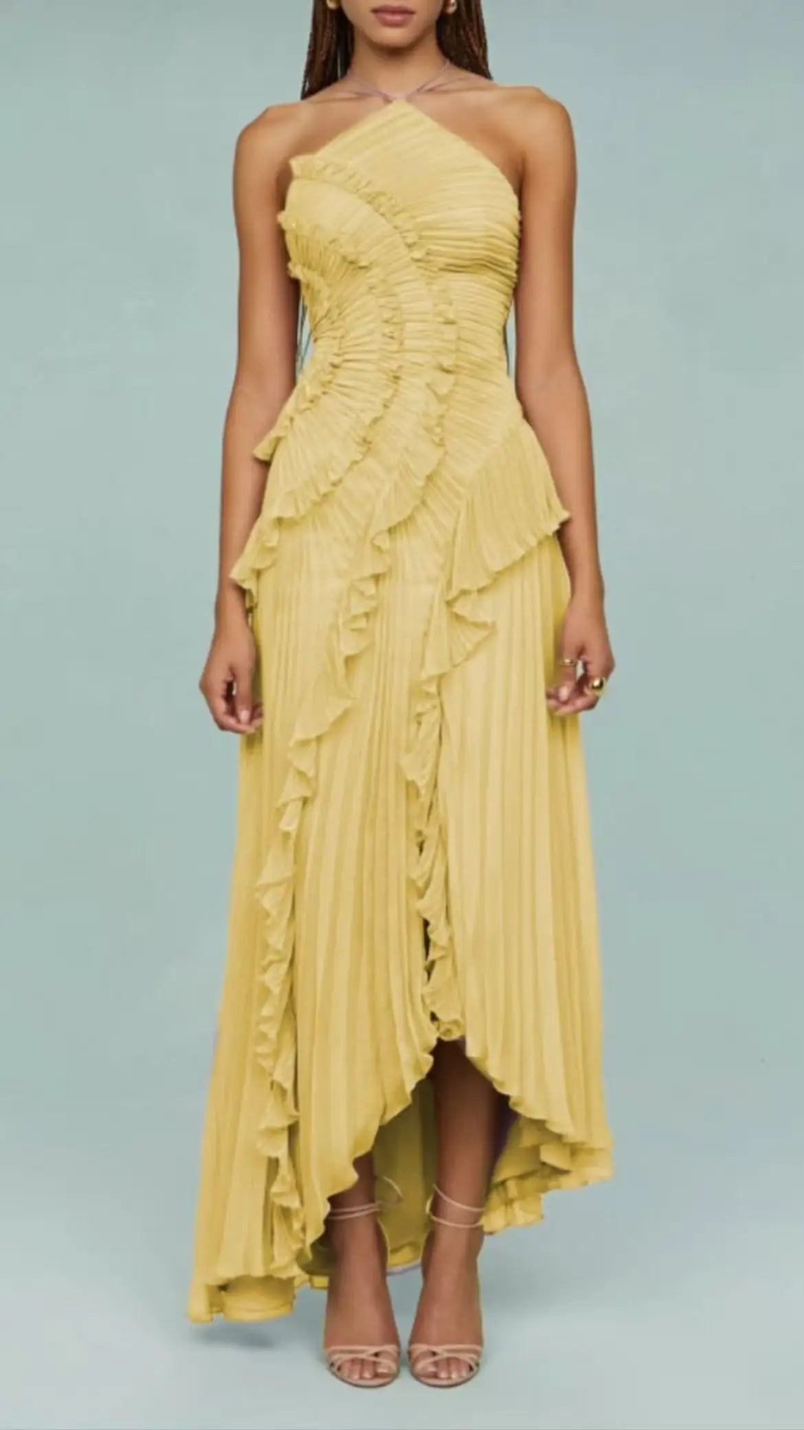 Chic Style Lotus Edge Maxi Dress/Slim Fitted Ankle Length Dress/Backless Lace Up/Elegant Floral Halter Sleeveless Robes.