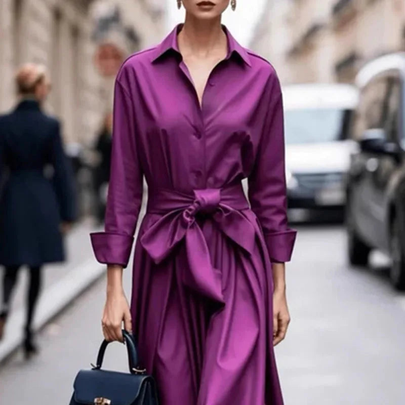 Elegant Single Breasted Bowknot Dress/Model Designed Irregular Fit/Long Sleeve Solid Maxi Dress.