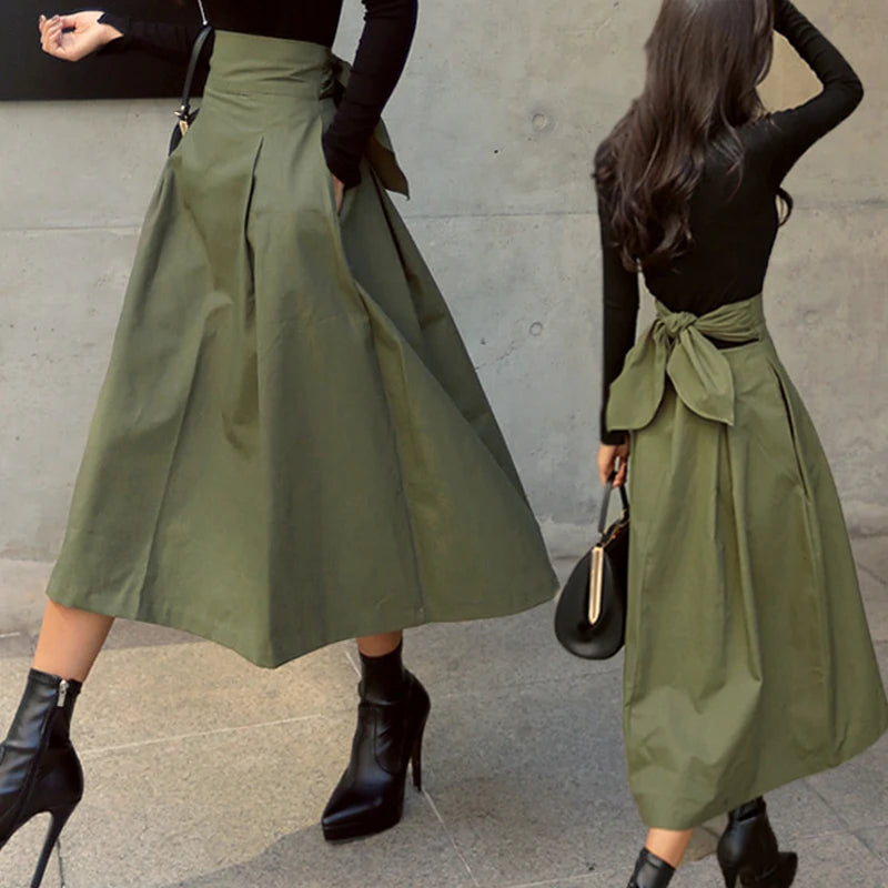 Fashion Patterned A~Line Skirt/Solid Color Swing Pleated Skirt/Long Wild High Waist Bow Slim Midi Skirts.