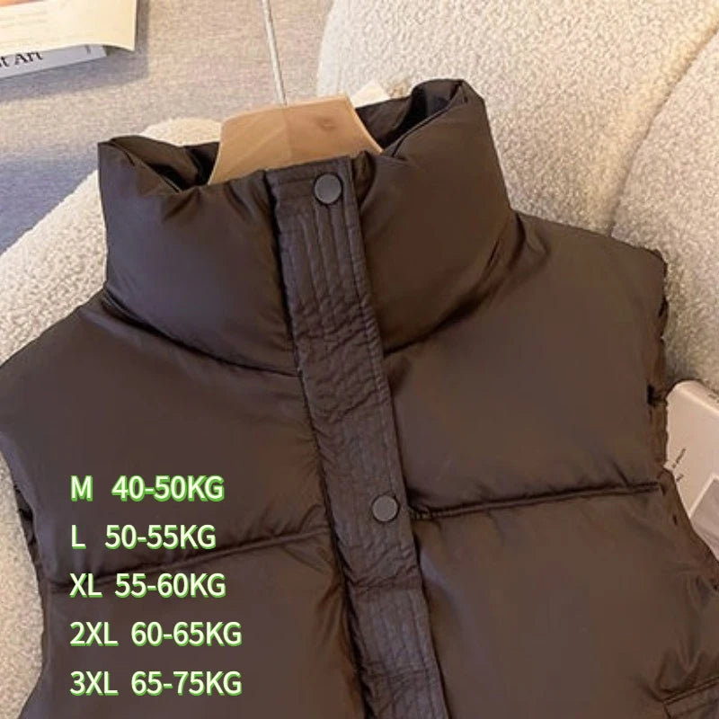 Turn DownCollar/Winter Short Down Cotton Sleeveless Vest Women's/Simple Solid Pockets Coats/Cold Resistant Waistcoat Drawstring Vest.