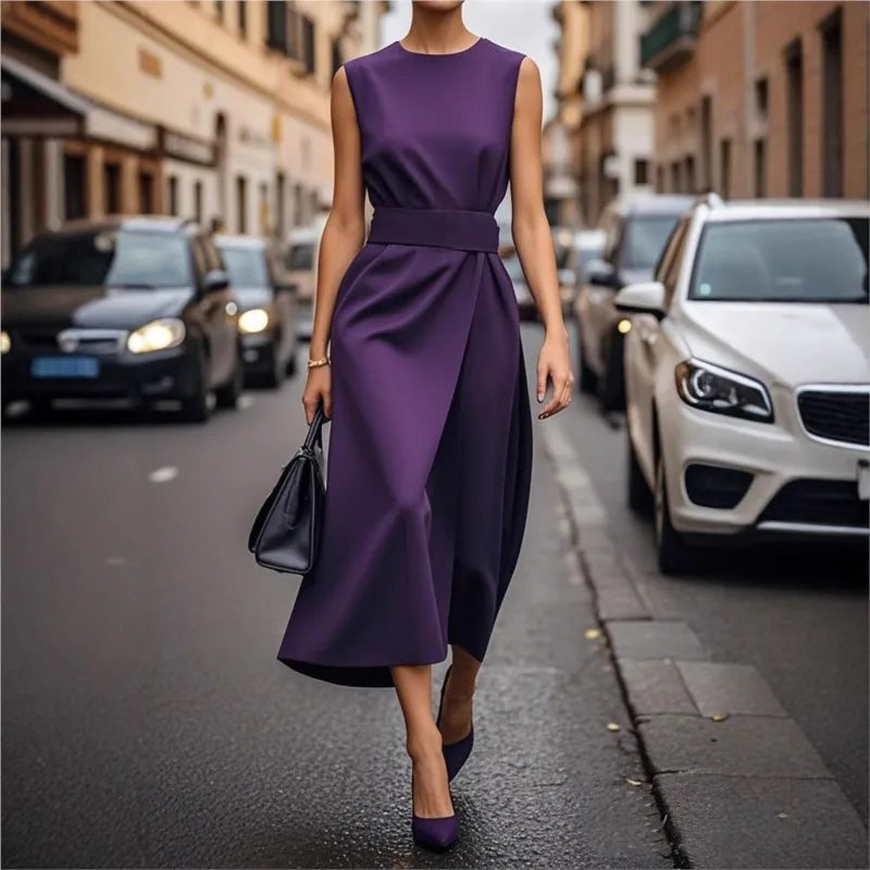 Modern Sleeveless Elegant Dress/Fashion Round Neck Lace-up Style/Solid Colored Ankle Length Long Dress.