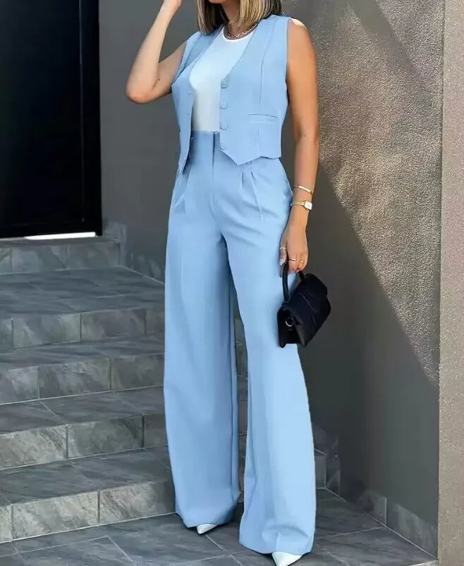 Trousers Suit Women's Vest Suit/Elegant Loose Regular Work Suit/High Waist Wide-leg Trousers 2-piece Street Suit.
