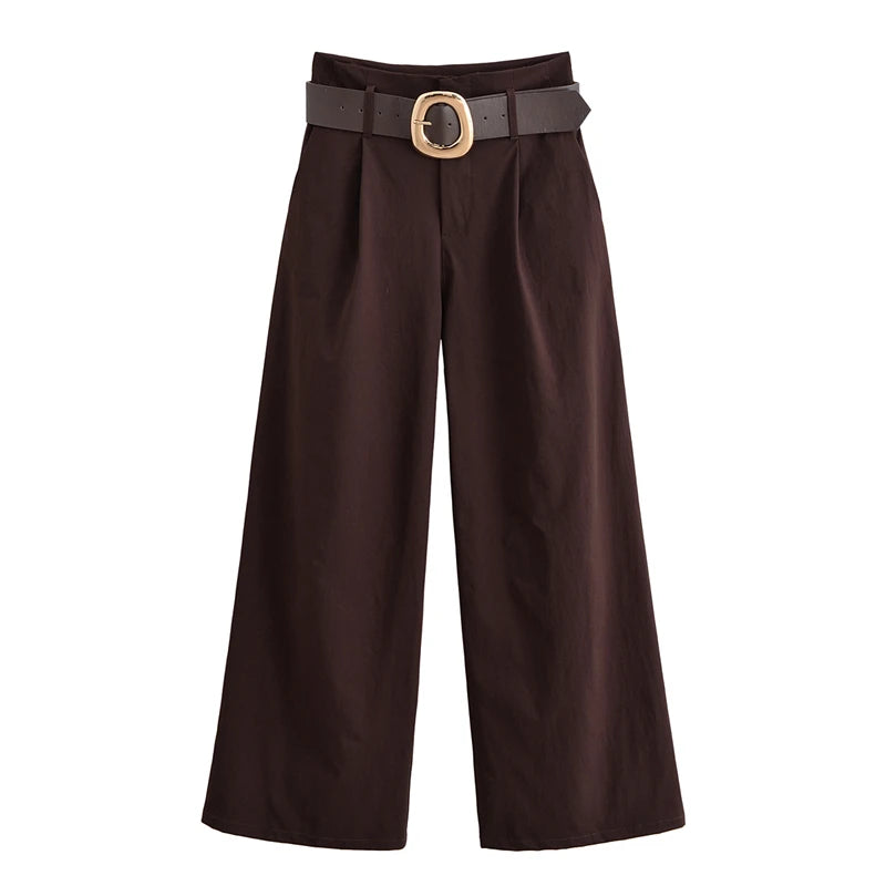 Fashion Retro Brown Pleated Pant’s/High-Waist Slimming Wide-Leg Pants with Gold Circle Belt.
