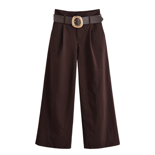 Fashion Retro Brown Pleated Pant’s/High-Waist Slimming Wide-Leg Pants with Gold Circle Belt.