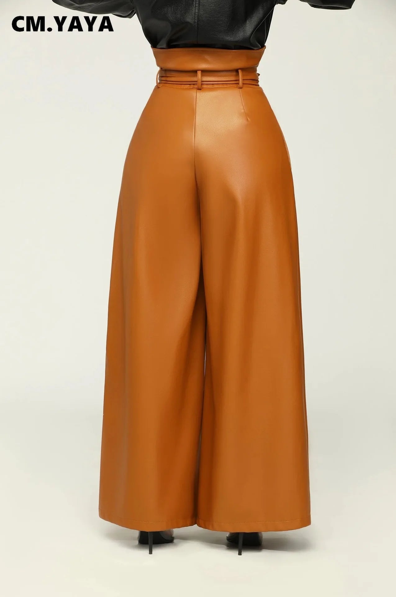 High-Waist Faux Leather Wide-Leg Pants with Belt – Elegant Statement Trousers