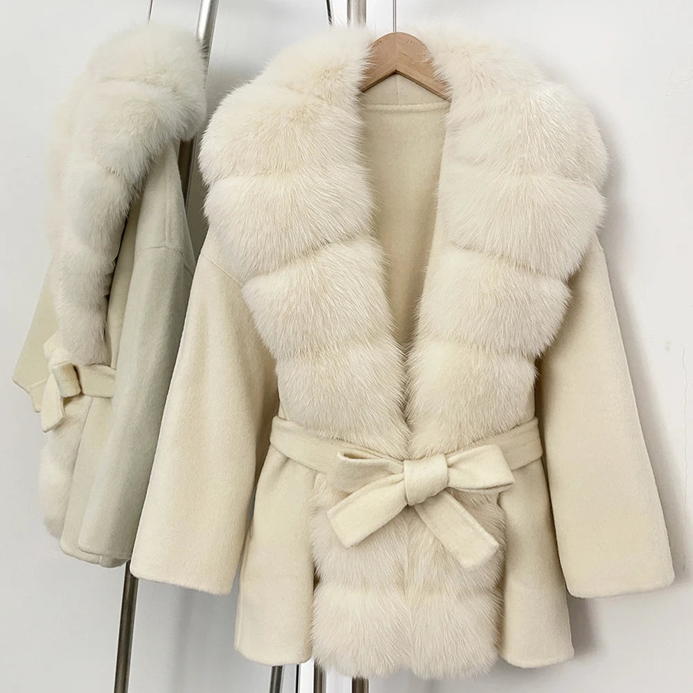 Woolen Blended Winter Coat’s/Female New Fox Fur Coat/Autumn Woolen Coat/Real Fur Collar/Women Warm Clothing.