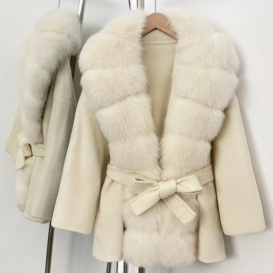 Woolen Blended Winter Coat’s/Female New Fox Fur Coat/Autumn Woolen Coat/Real Fur Collar/Women Warm Clothing.