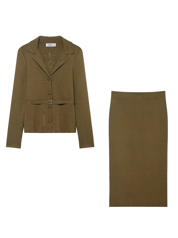 Women’s Olive Green Knit Blazer & Midi Skirt Set | Elegant Two-Piece Business Casual Suit | Fall Winter Fashion