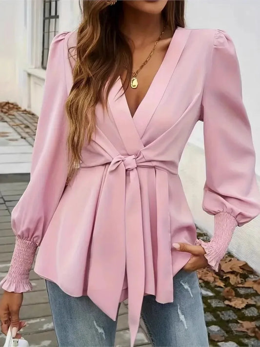 Elegant V-neck Lace Up Waist Cinching Autumn Women's Clothing New Casual Loose Solid Color Pullover Shirt.