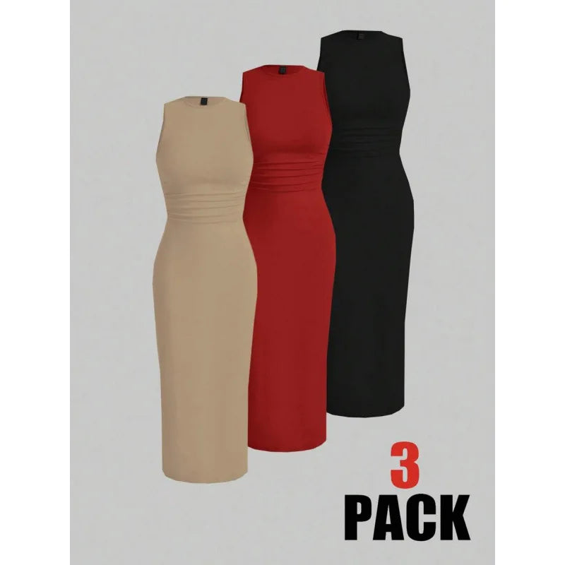 Modern Blend Boutique | Sculpted Suede Midi Dress – High Neck Bodycon Waist Cinch Elegant Minimalist Dress (3 Color Set Available, In packs)