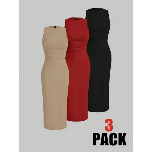Modern Blend Boutique | Sculpted Suede Midi Dress – High Neck Bodycon Waist Cinch Elegant Minimalist Dress (3 Color Set Available, In packs)