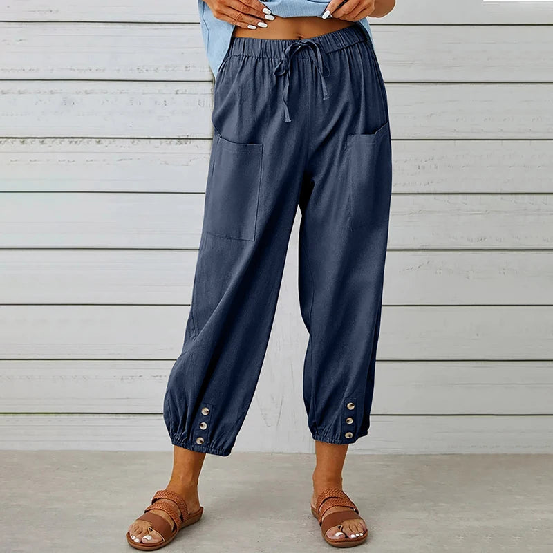 Comfy Carpi Harajuku Pants/Loose Cotton Linen/Solid Color Elastic Waist Loose Straight Trousers/Waist Wide Leg Pants.