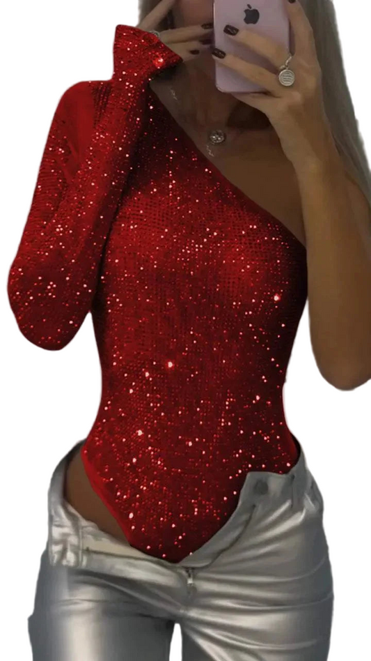 One side Sequined Jumpsuit/Tight Rhinrhinone Romper’s/Solid Silver One-Piece Fashion Party Nightclub.