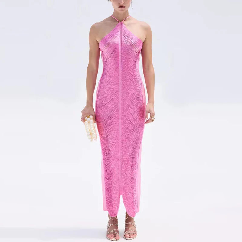 Luxury Draped Halter Maxi Dress – Shimmer Evening Gown for Elegant Women | Modern Blend Boutique