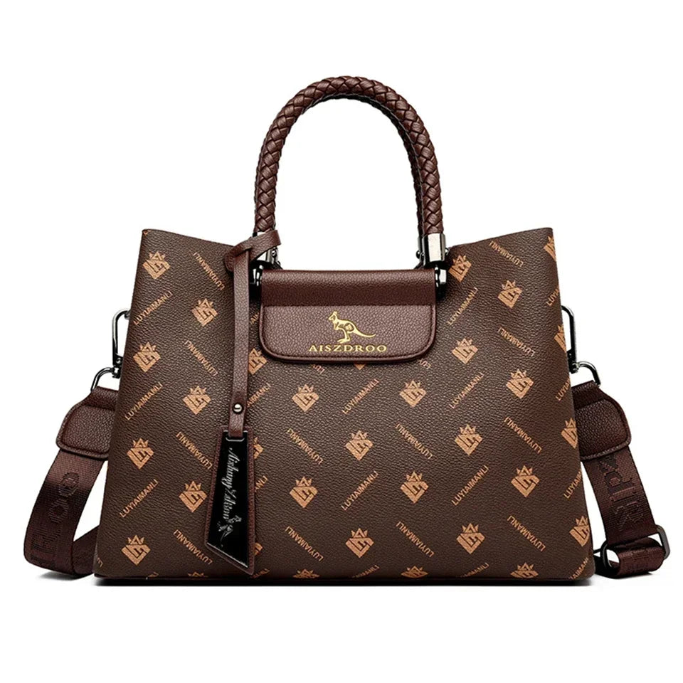 Elegant Genuine Leather Tote Handbag – Luxury Pattern Shoulder Bag with Braided Handle & Adjustable Strap