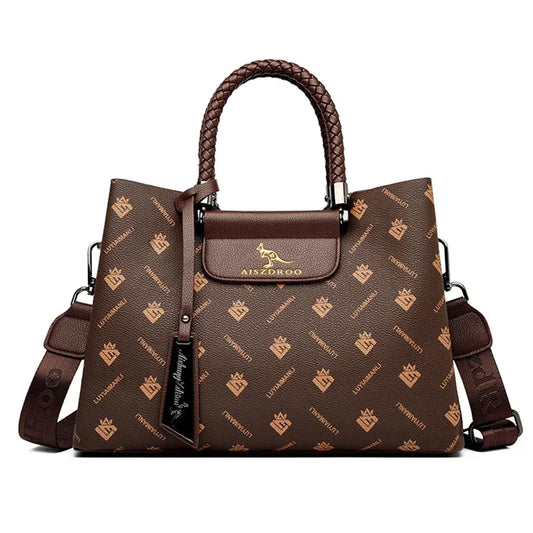 Elegant Genuine Leather Tote Handbag – Luxury Pattern Shoulder Bag with Braided Handle & Adjustable Strap