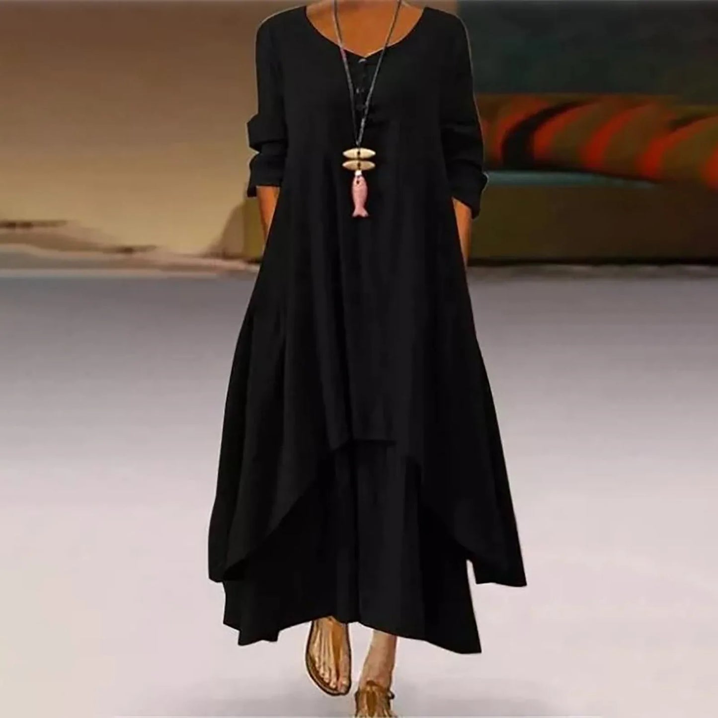 Oversized Linen Ginger Dresses/Bohemia Layering Vintage Robe/Long /Sleeve Loose Long Dress Female Autumn Vestidos.