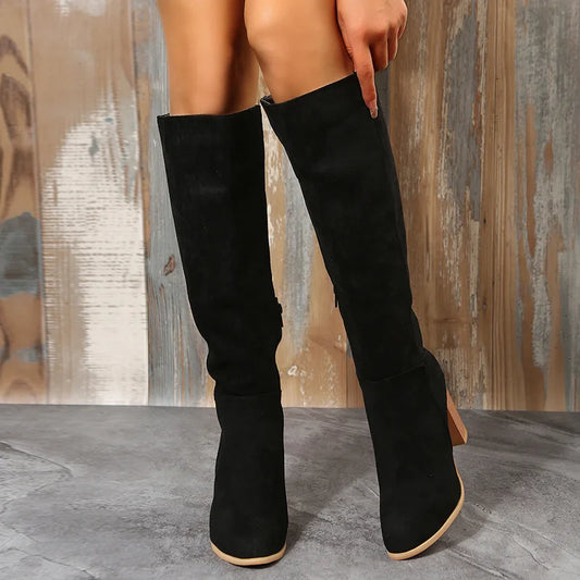 Women’s Knee-High Suede-Look Boots – Elegant Chunky Block Heel, Side-Zip Tall Boots, Fall & Winter