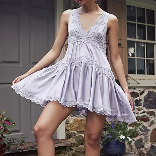 Scarlet Lace Satin Mini Dress – Feminine Flowy Coquette Slip Dress