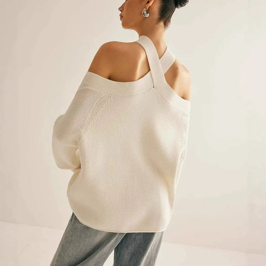 Loose fitted/Cross-Over Collar Cold-Shoulder Sweater/Off Shoulder Sweater/Loose Solid Color Halter Neck Long Sleeve Pullover Knitted Tops Casual Winter Fall Clothes.