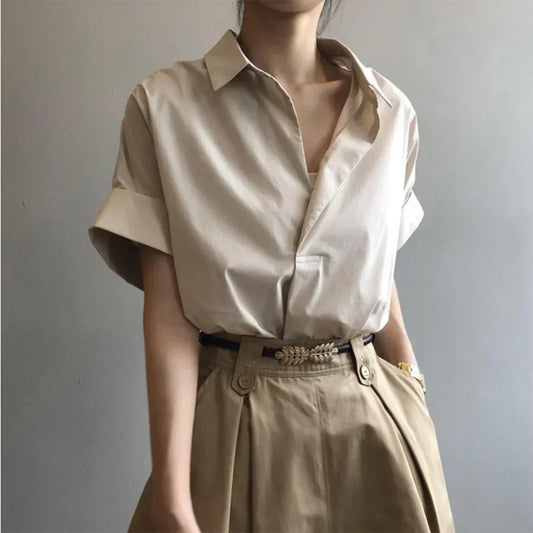 Breathable Barca Top/Simple Short Batwing Sleeve Turn/Town Quick Dry Collar Shirts Solid Color/Female Vintage Style/Comfortable Stretched fitted Shirt.