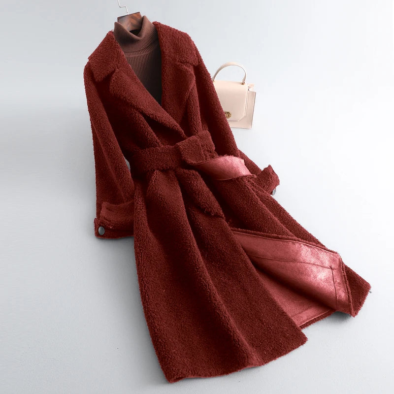 Sumptuous Solid Natural Woolen Coat/Woman Mid Length Lace-up Winter Coat/New Outerwear’s.