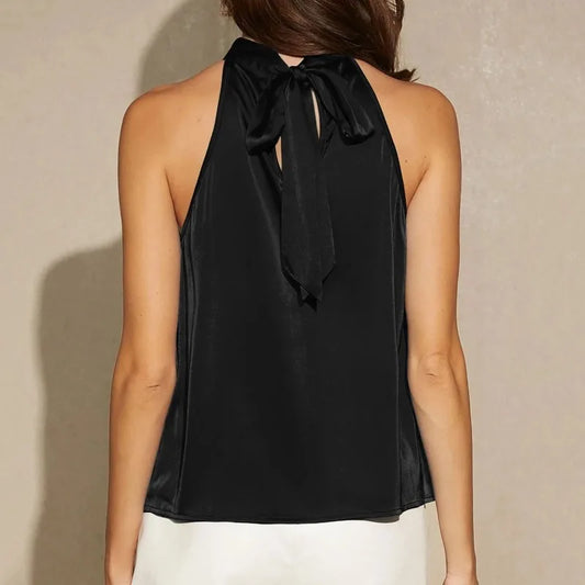 Luxury Satin Halter Neck Blouse for Women – Elegant Sleeveless High-Neck Top in Red, Teal & Black