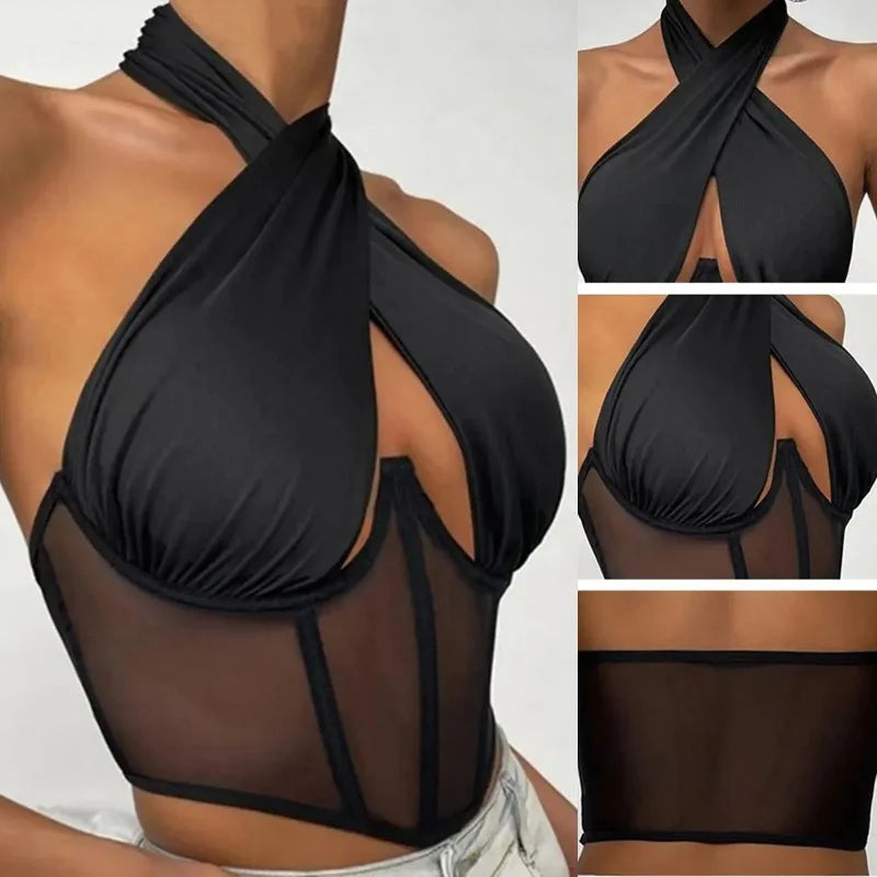 Elegant Halter Neck Mesh Corset Top for Women | Sheer Panel Wrap Neck Crop Top | Clubwear & Night Out Fashion