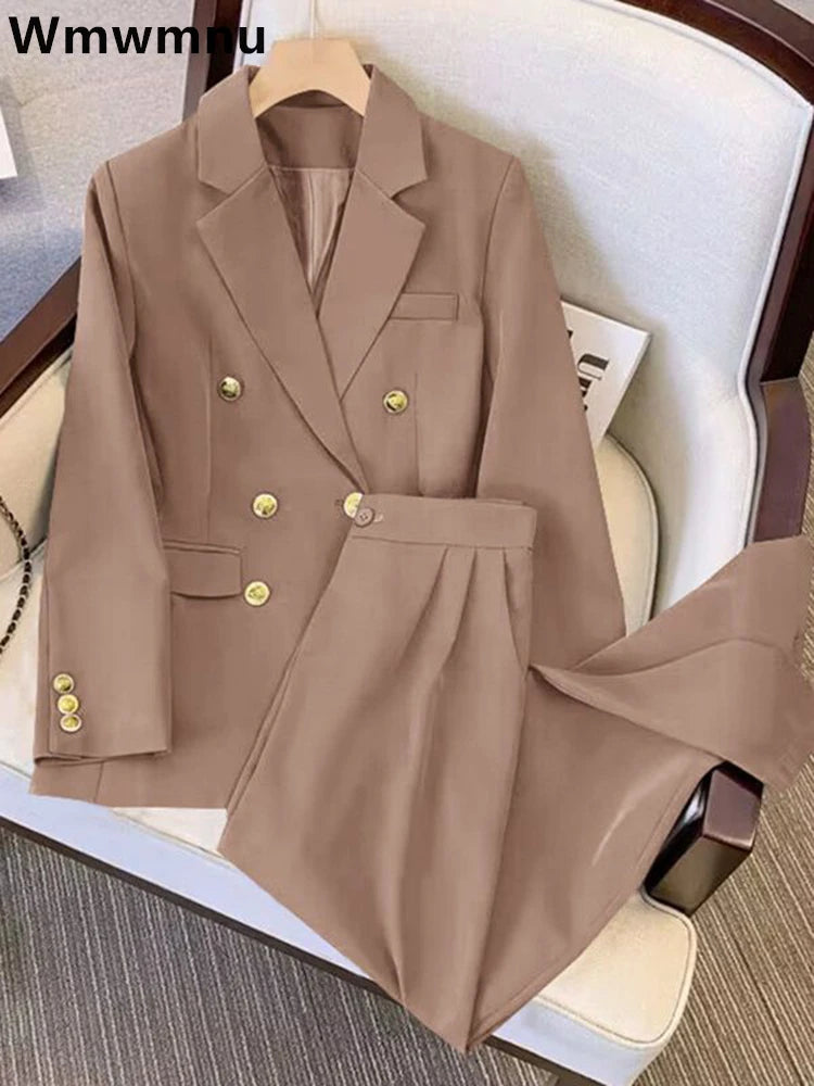 Khaki Office Double Breasted Suits Sets Women New Long Sleeve Blazer Jackets Conjunto Ol High Waist Straight Pants Outfit