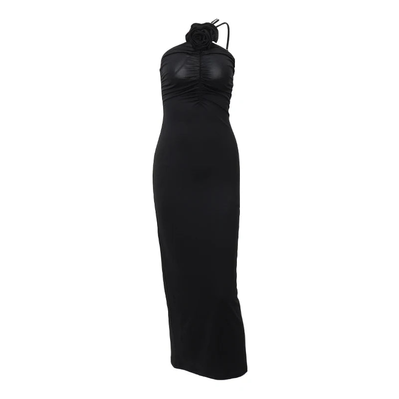 Solid Sleeveless Slim Dress Aesthetic Oblique Strap Backless Prom Dress. Ancle Length Dress.