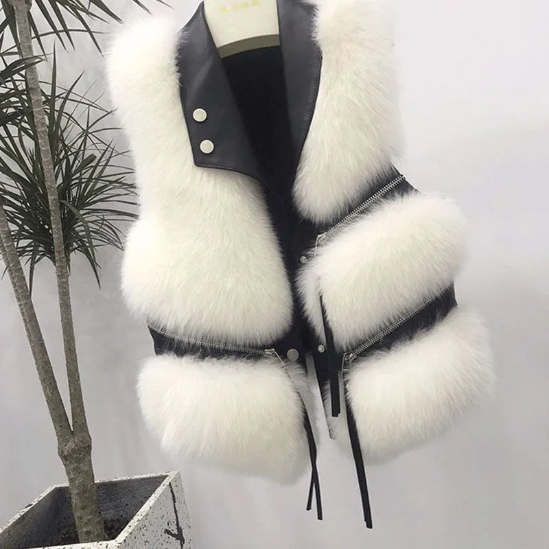 Autumn Winter New Women Fur Grass Coat/Vests V-Neck Solid ButtonZipper/ Simplicity Fashion Luxury Loose/Sleeveless Cardigan Coat.