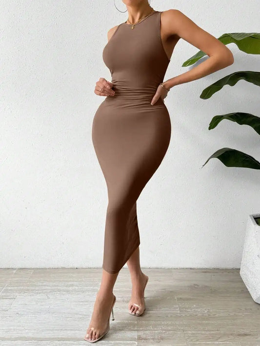 Modern Blend Boutique | Sculpted Suede Midi Dress – High Neck Bodycon Waist Cinch Elegant Minimalist Dress (3 Color Set Available, In packs)