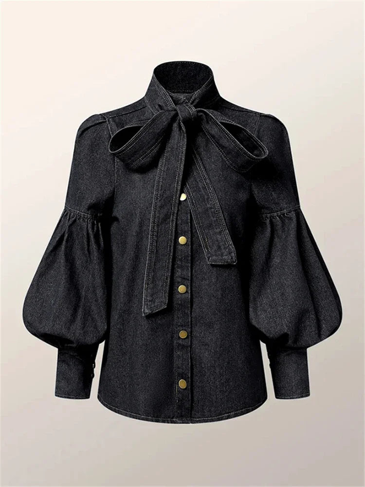 Fashion Bow Design High Neck Blouse/ New Autumn Puff Sleeves Limitation Denim Casual Office Shirts Tops.