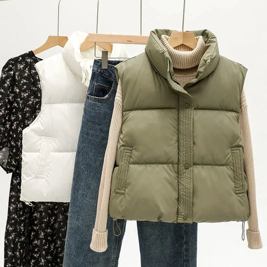 New Autumn Casual Loose Down Cotton Vests Women Stand Collar Short Sleeveless Coats Solid Zipper Waistcoat Winter Warm Vest