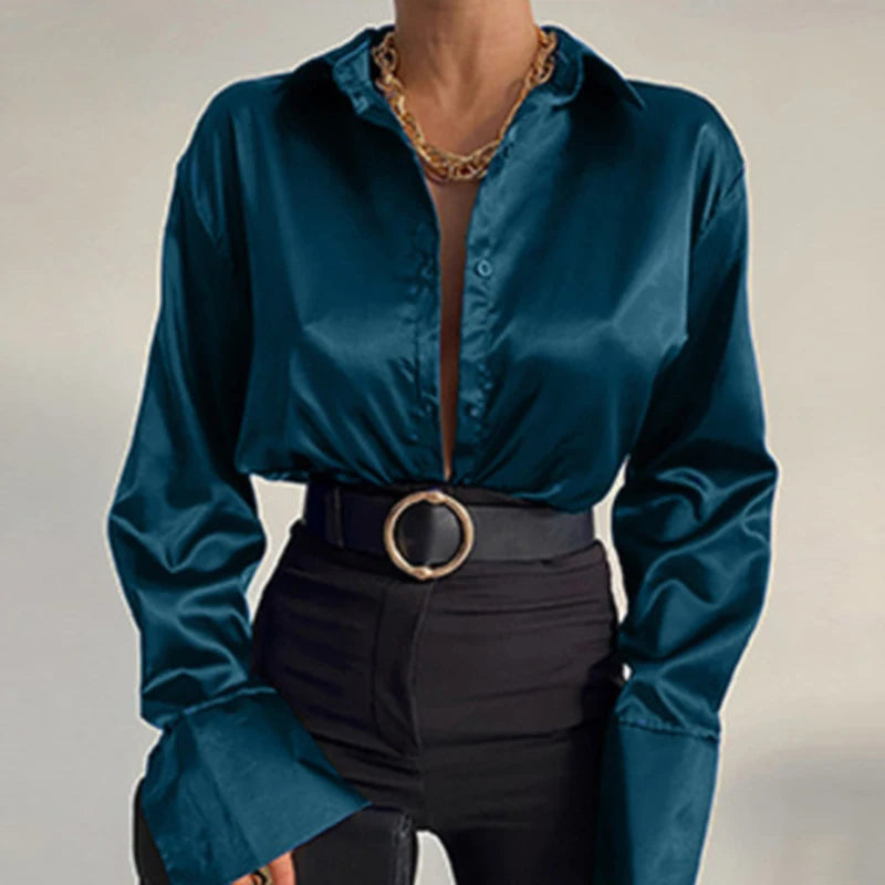 Satin Long Sleeve Blouses/Autumn Vintage Orange Green Silk Shirt Casual Loose Button Up.
