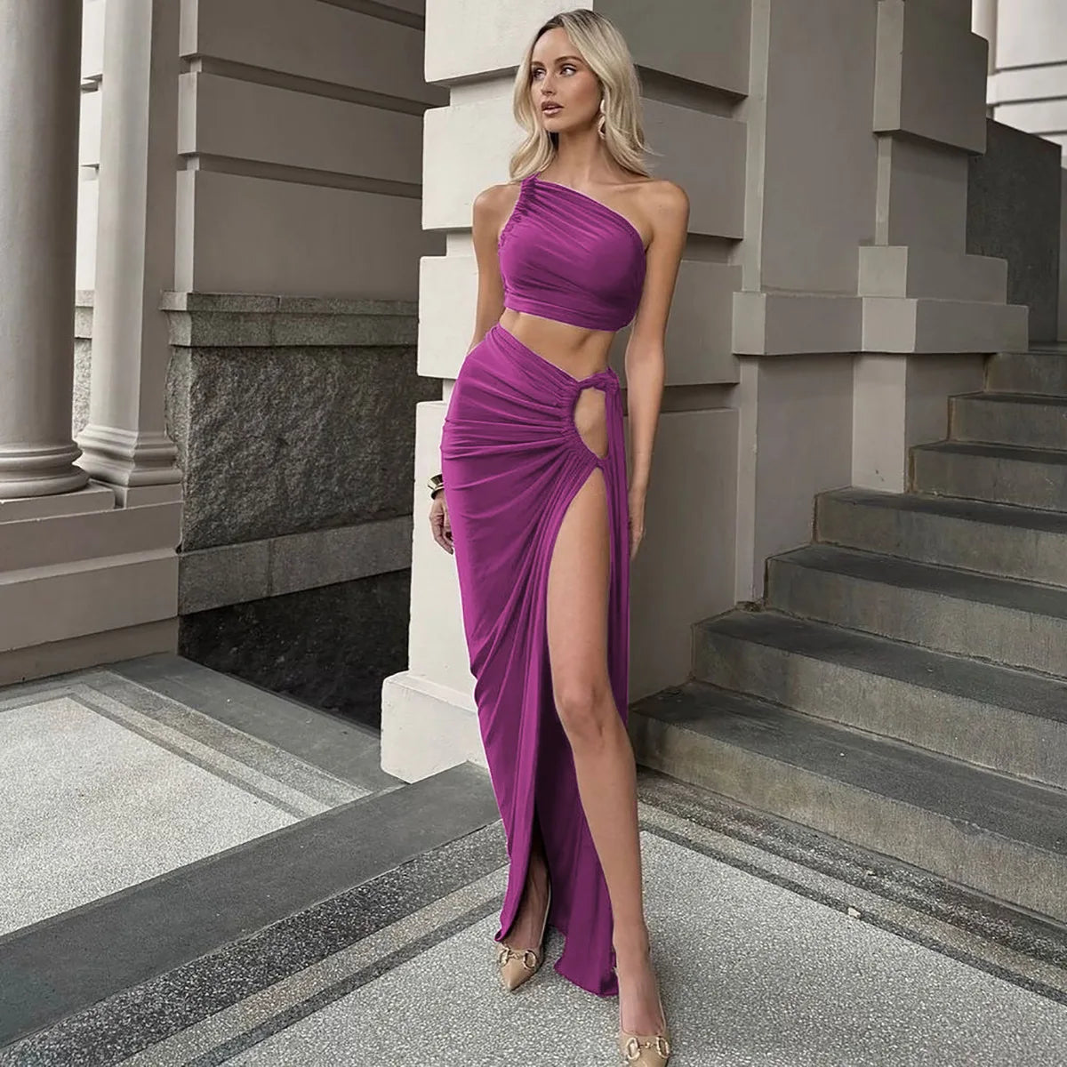 Luxury One-Shoulder Ruched Skirt Set – Elegant Backless Crop Top & High Slit Maxi Skirt Two-Piece Ensemble