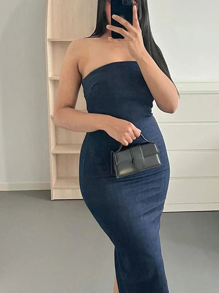 The Denim Muse Strapless Midi Dress
