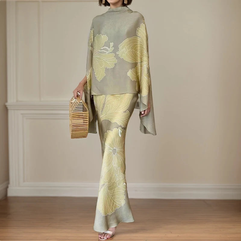 Modern Designed Floral Print Dress/Fashion Silk Beaded Loose Pencil/Maxi Skirt Suit Two Piece Set Simple Party Gown Dresses Set’s.