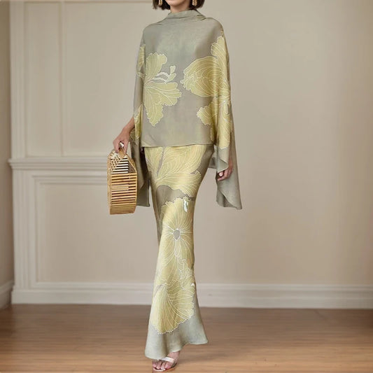 Modern Designed Floral Print Dress/Fashion Silk Beaded Loose Pencil/Maxi Skirt Suit Two Piece Set Simple Party Gown Dresses Set’s.