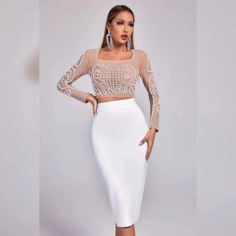 Luxe Pearl Embellished Crop Top & Midi Skirt Set