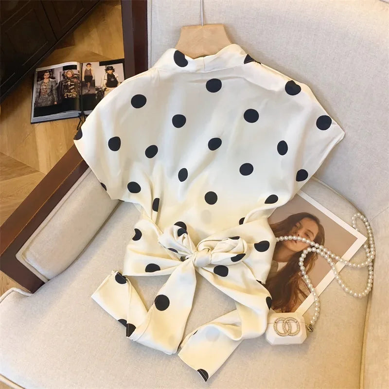 Elegant Polka Dot Tie Front Blouse – Women’s Retro V-Neck Waist Tie Top | French Chic Lightweight Luxury Blouse | Modern Blend Boutique