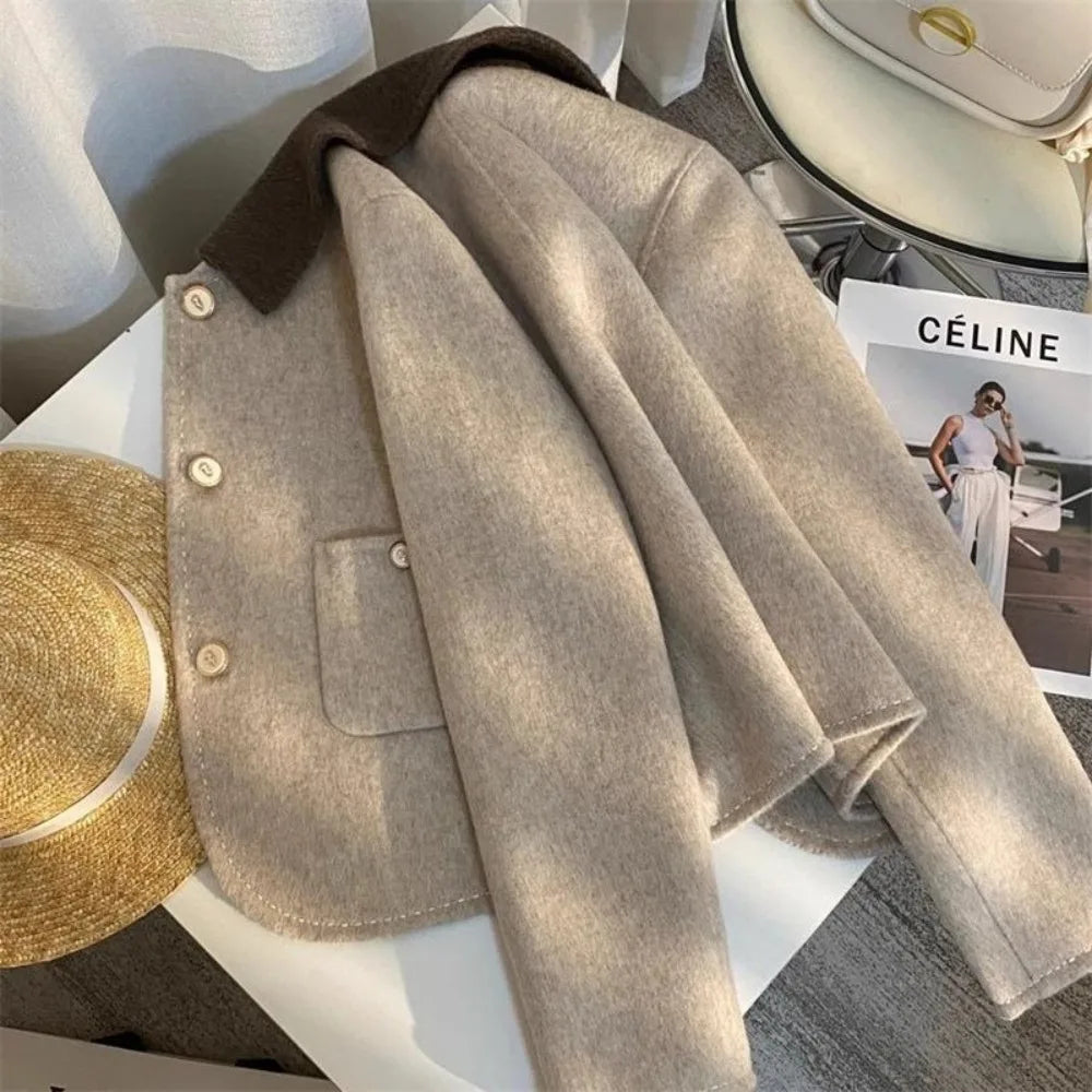 Women’s Contrast Collar Wool-Blend Jacket – Single Breasted Tailored Coat with Button Detail | Quiet Luxury Outerwear