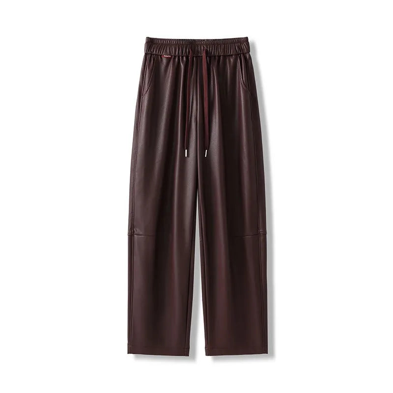 Luxury PU Leather Jogger Pants for Women – High-Waist Elastic Drawstring Wide-Leg Trousers – Comfy Chic Vegan Leather Athleisure Pants