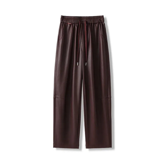 Luxury PU Leather Jogger Pants for Women – High-Waist Elastic Drawstring Wide-Leg Trousers – Comfy Chic Vegan Leather Athleisure Pants