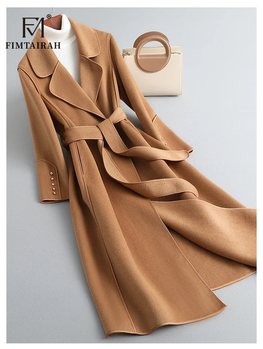 Women’s 100% Merino Wool Long Wrap Coat – Luxury Double-Breasted Style, Wide Lapel Collar, Belted Waist, Elegant Winter Outerwear